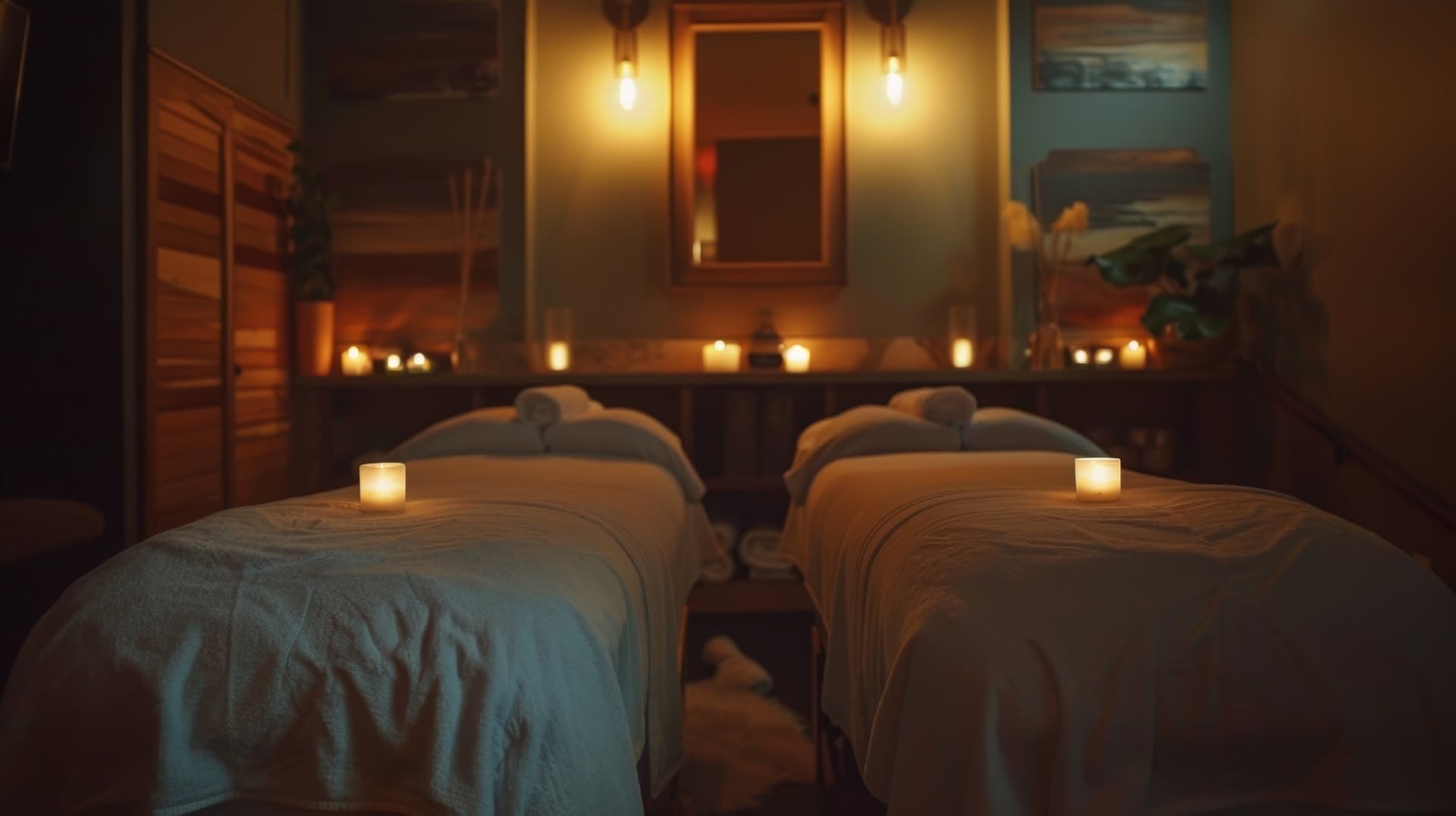 Two massage tables set up side by side for a couples massage