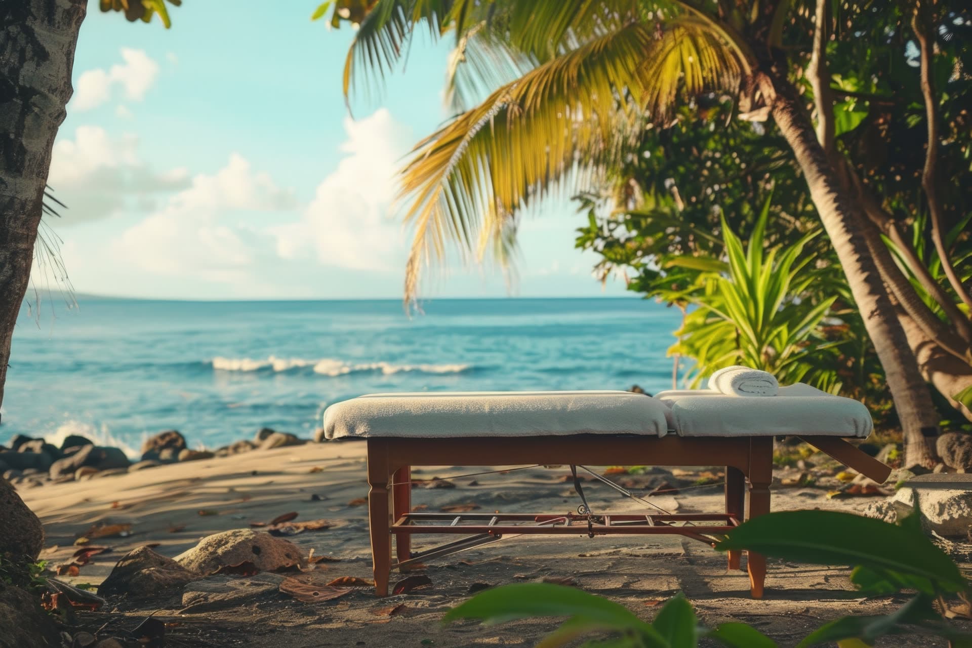 Massage table with fresh linens set up under palms beside the Pacific Ocean