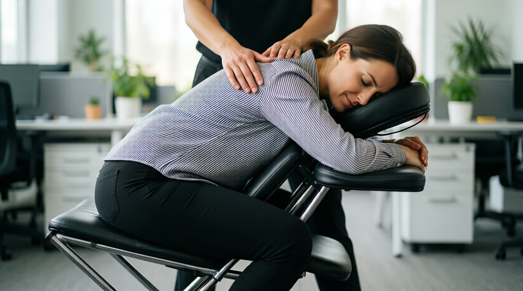 Woman seated comfortably in a portable massage chair while the therapist massages her shoulders