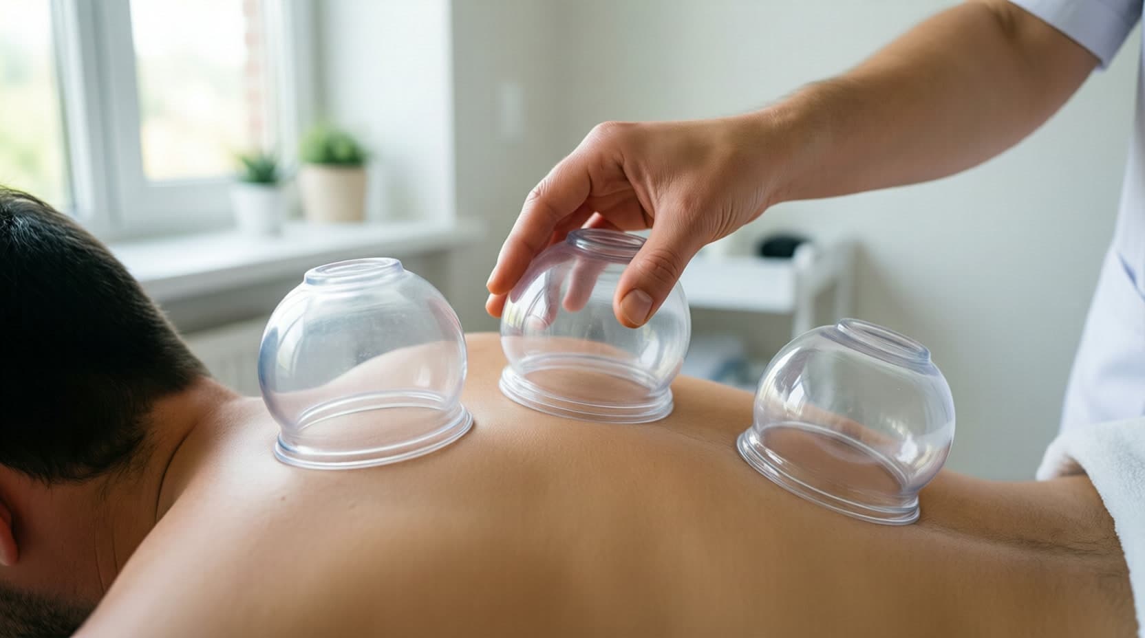 Translucent silicone cupping cups applied along a client’s back