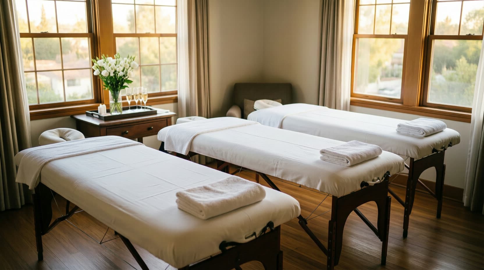 Three massage tables prepped with fresh linens, flowers, and champagne for an in-home group spa day