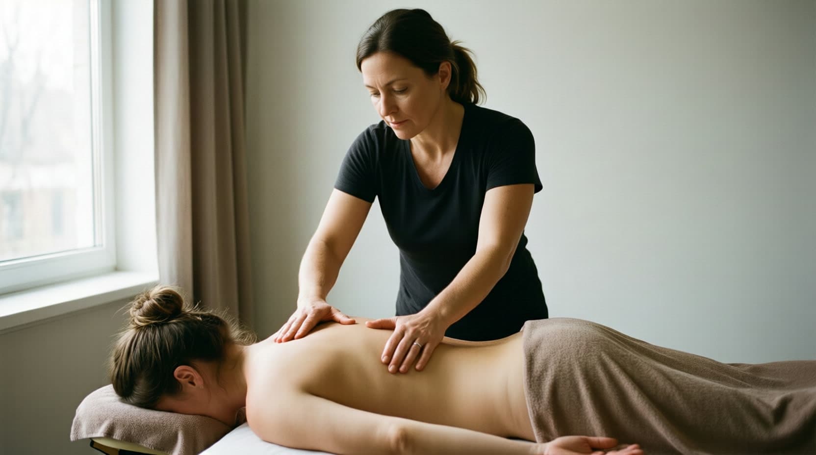 Therapist applying slow, sustained pressure with both palms during myofascial release