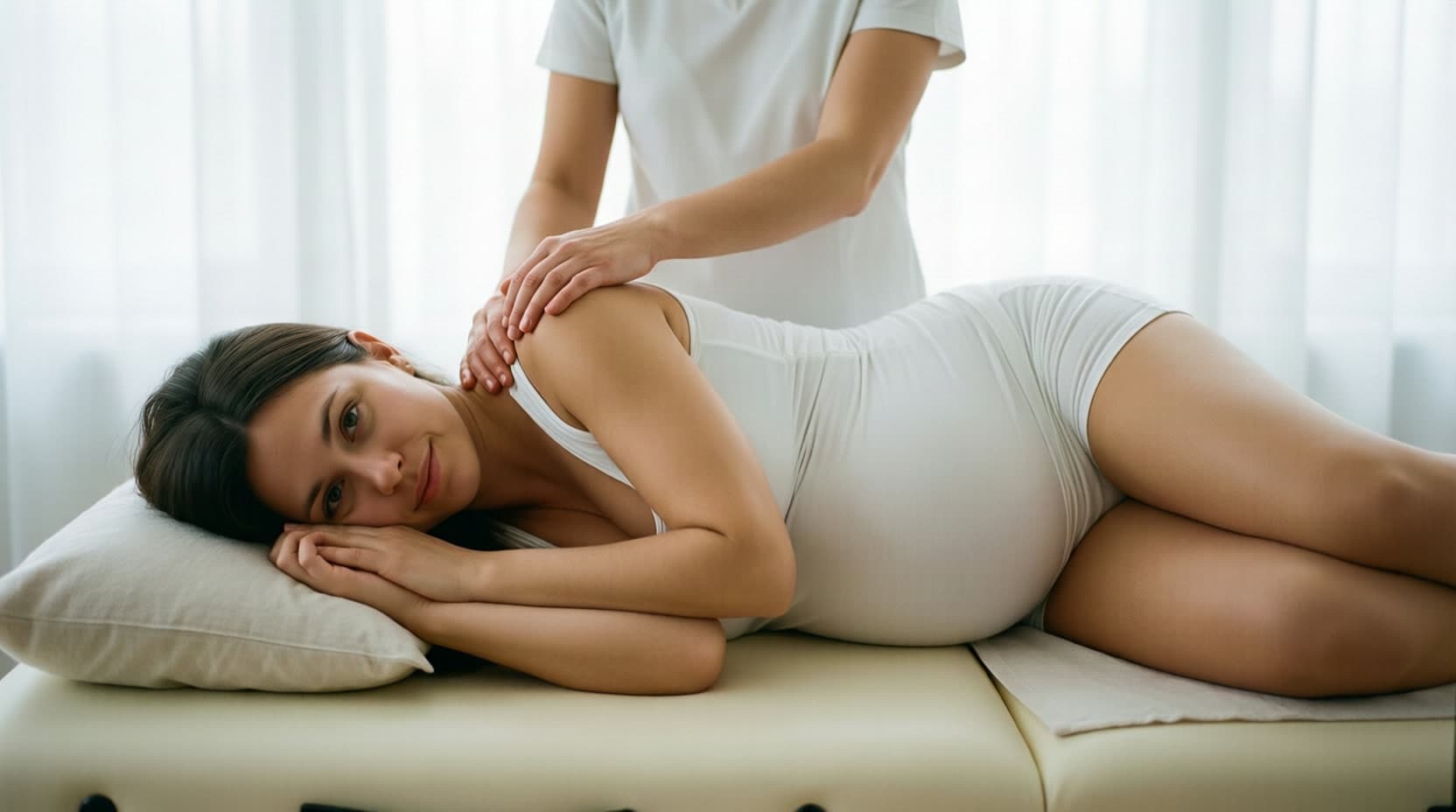 Pregnant client resting on her side with pillow support while the therapist massages her shoulder
