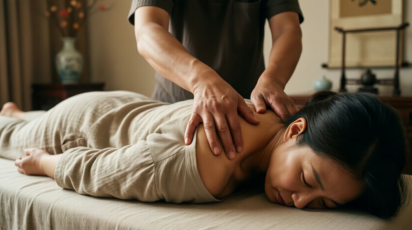 Tui Na massage with rhythmic kneading of the shoulders through comfortable clothing