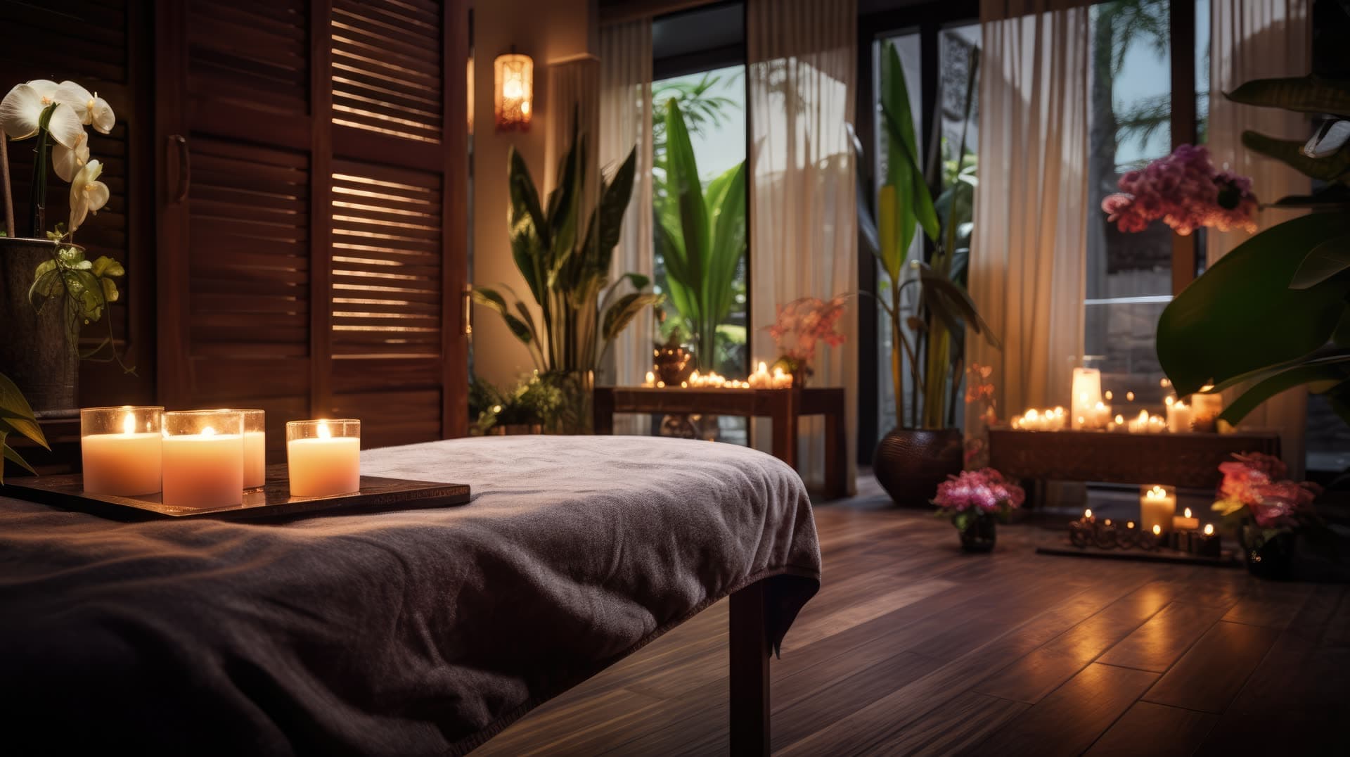 Candlelit massage room with a prepared table